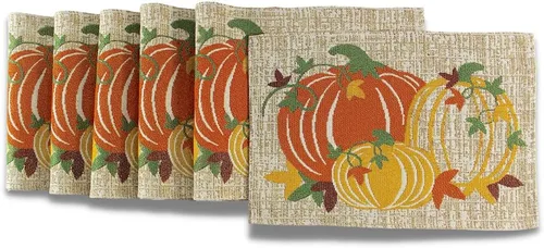 Vista 12 de Juego de seis (6) manteles individuales de camión de cosecha de otoño, tela tejida de tapicería colorida, para vacaciones, Acción de Gracias, otoño