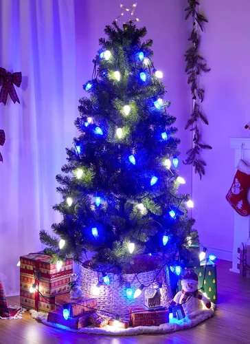 Vista 4 de Luces de Navidad para exteriores, cadena de luces LED de 100 pies con bombillas C9 de fresa azul y blanca, impermeable, conectable, certificado UL