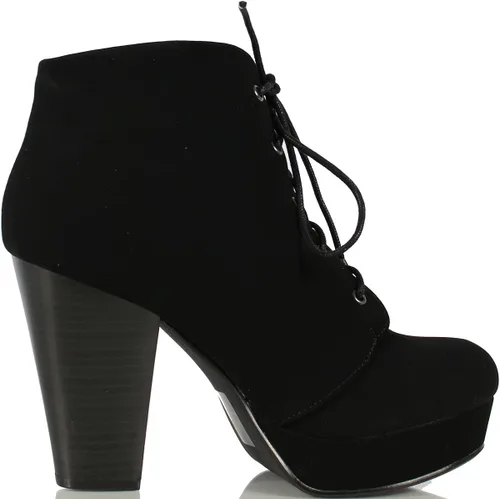 Vista 3 de Soda AGENDA Botines de plataforma para mujer, puntera redonda, tacón alto, con cordones, con cremallera lateral, Camello