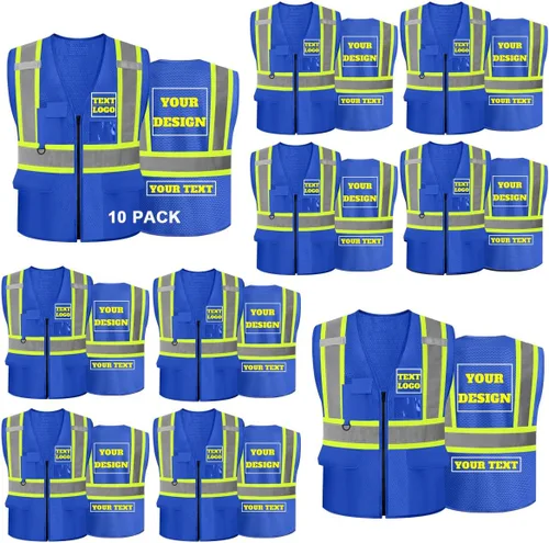 Vista 17 de Chaleco de seguridad reflectante de malla con logotipo personalizado Clase 2 con 5 bolsillos y cremallera
