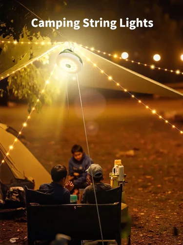 Vista 8 de Cadena de luces retráctiles mejoradas para acampar al aire libre, cadena de luces de campamento de 33 pies con broche, cadena de luz recargable, 9