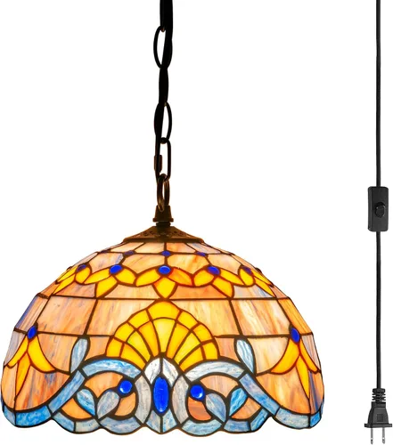 Vista 18 de Lámpara Colgante de Vidrio Emplomado Estilo Tiffany con Enchufe, 12" de Ancho Diseño de Glicinia Lámpara Colgante, Cadena de 60 Pulgadas Cable de 15