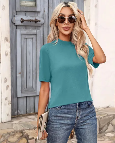 Vista 8 de Paquete de 2 camisetas casuales para mujer, cuello alto falso, camisas de negocios, media manga corta, cuello alto, manga corta, blusa de trabajo