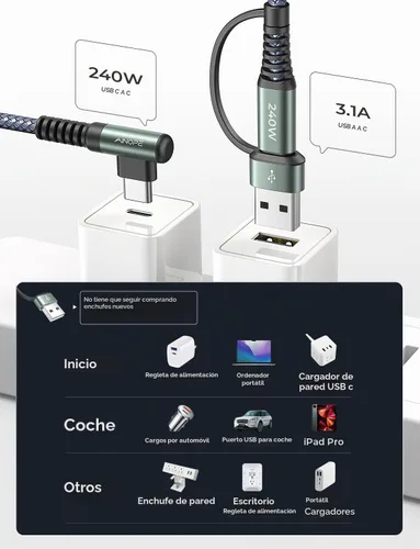Vista 3 de AINOPE Cable USB C Largo de 100W Multi 4 en 1 Cable de Carga Cargador Tipo C de Carga Rápida USB a USB C, Ángulo Recto Compatible con iPhone 16 15