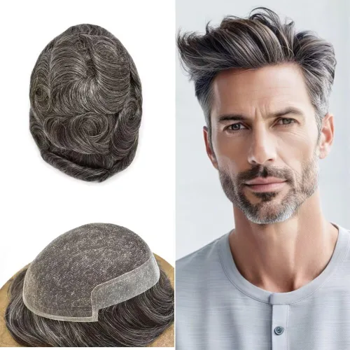 Vista 15 de FACE MIRACLE - Tupé de encaje frontal francés para hombres, postizos, sistemas de reemplazo de cabello humano con PU para hombre, prótesis