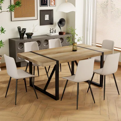 Vista 10 de Juego de mesa de comedor para 6, mesa de madera de 180 cm y juego de 6 sillas, adecuado para comedor, cocina, sala de estar