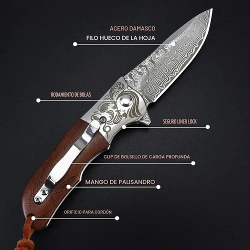 Vista 4 de Cuchillo de bolsillo de Damasco AUBEY con clip, cuchillos plegables con hoja de acero Damasco VG10, mango de madera, cuchillos EDC plegables