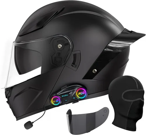 Vista 8 de Casco de motocicleta con Bluetooth, casco modular de motocicleta abatible con auriculares de intercomunicación Bluetooth, cascos de doble visera