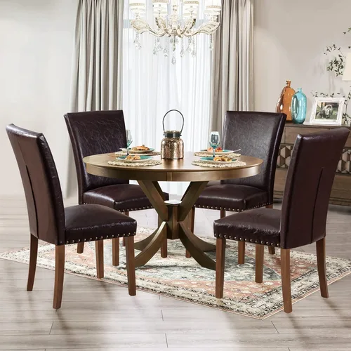 Vista 38 de Juego de 2 sillas tapizadas de tela para comedor, sillas de cocina estilo Parsons con ribete de cabeza de clavo y patas de madera - Beige