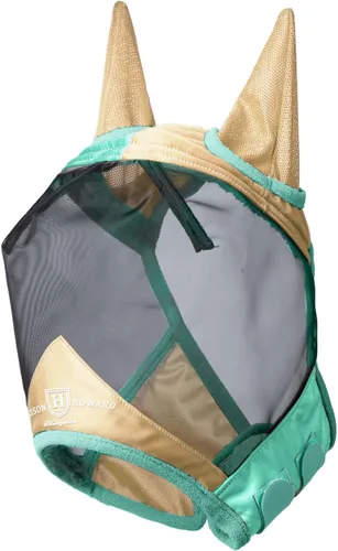 Vista 128 de Harrison Howard Máscara de mosca de caballo luminosa profesional estándar con orejas protección UV para caballo, azul y plateado, pequeño poni Azul