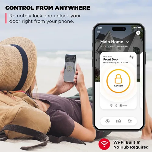 Vista 2 de Kwikset Halo - Cerradura inteligente Wi-Fi, cerradura de puerta sin llave con cerrojo, desbloqueo automático por geocerca, certificación grado AAA