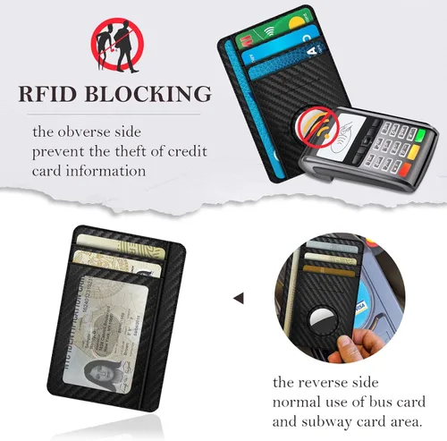 Vista 4 de Aunote Billetera AirTag de piel auténtica con bloqueo RFID, bolsillo con caja de regalo para hombres y mujeres, de fibra de carbono, Negro