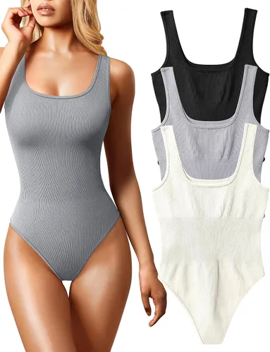 Vista 22 de OQQ Body de 3 piezas para mujer, sexy, acanalado, sin mangas, cuello cuadrado, camiseta sin mangas, leotardo, trajes de moda 2025 negro azul blanco