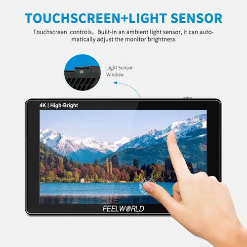 Vista 4 de FEELWORLD 1600Nit 4k Ultra Brillante Cámara Video Monitor 5.5 Pulgadas HDMI Pantalla Táctil DSLR Monitor de Campo 1920x1200 IPS F970 Kit