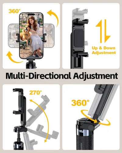 Vista 4 de UBeesize Mini trípode para selfie stick con control remoto recargable, soporte de teléfono de viaje de tamaño bolsillo con gancho, soporte giratorio