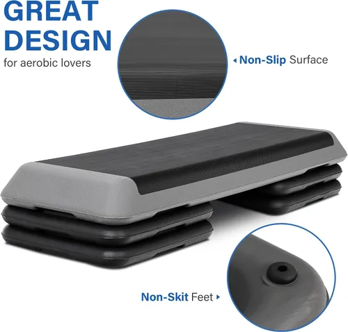 Vista 4 de Escalón aeróbico ajustable para entrenamiento, plataforma de ejercicios con 4 elevadores, superficie antideslizante para entrenamiento de gimnasio