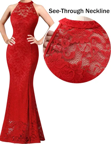 Vista 5 de VFSHOW Vestido largo de encaje con cuello halter y cremallera para mujer
