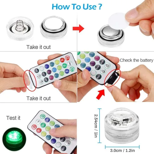 Vista 6 de Mini luces LED sumergibles con control remoto, pequeñas velas de té subacuáticas impermeables, velas sin llama, funcionan con pilas, velas RGB