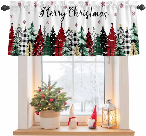 Vista 7 de Cenefa de Navidad para ventanas, cortinas de árbol de Navidad, cenefas con bolsillo para barra, cortinas cortas a cuadros para cocina, sala