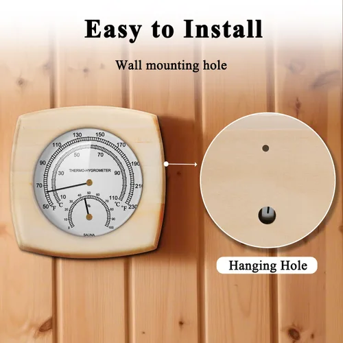 Vista 4 de Termómetro e higrómetro de madera para sauna - 2 en 1 Fahrenheit (50-250°F) para salas de barril/infrarrojos/vapor, diseño analógico de montaje
