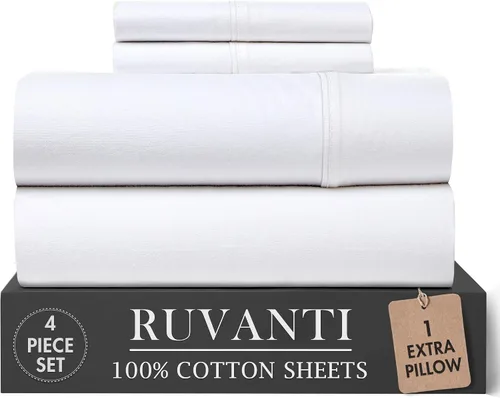 Vista 23 de RUVANTI 4 piezas de sábanas de algodón - 100% algodón natural suave, ligero y transpirable, sábanas de percal crujiente, juego de sábanas Botanica