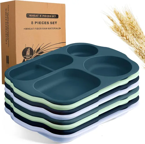 Vista 7 de Tanlade - 8 platos divididos irrompibles grandes de 12 pulgadas para adultos, bandeja de comida de paja de trigo de 5 compartimentos, bandeja