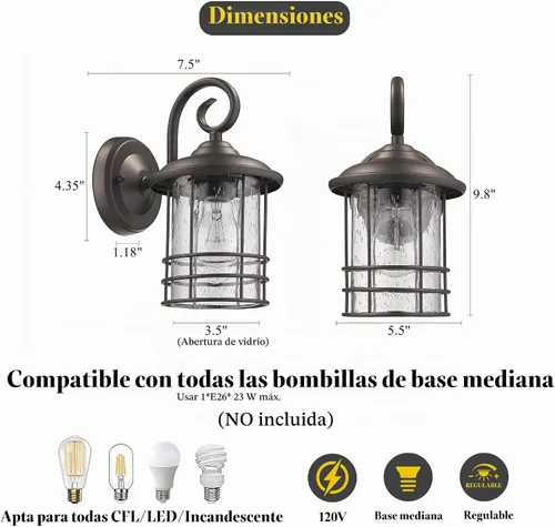 Vista 2 de MICSIU Luces de Porche de Bronce Frotado con Aceite para Pared Exterior, Lámparas Exteriores Impermeables Estilo Granja con Casquillos E26 y Negro
