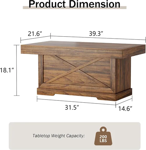 Vista 2 de Mesa de café Lareth 39 pulg. Mesa de centro rústica con pedestal de madera en X para sala de estar, ahorro de espacio, mesa de té de diseño
