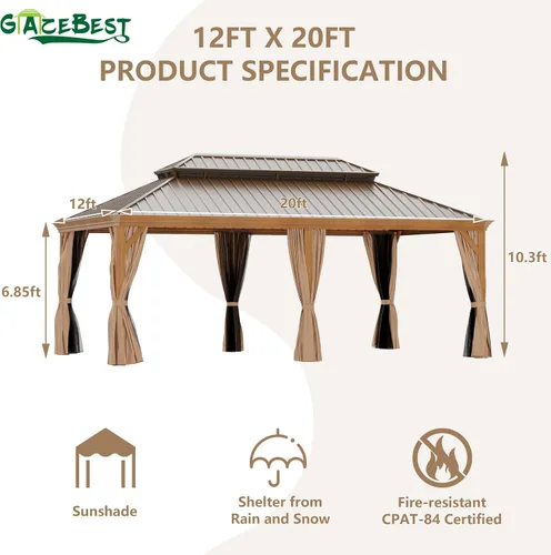 Vista 6 de Gazebo de techo rígido de 12 x 20 pies con acabado de grano de madera