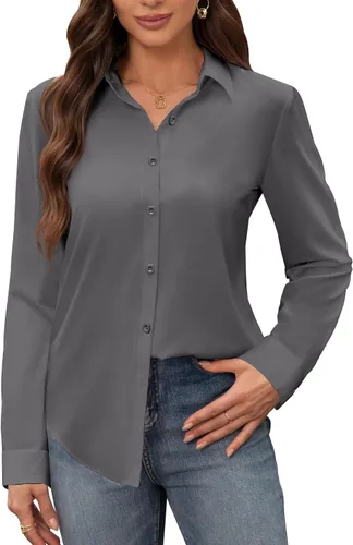 Vista 20 de Siliteelon - Camisas de vestir para mujer, a prueba de manchas, sin arrugas, de manga larga, sólidas, para trabajo y negocios, con botones