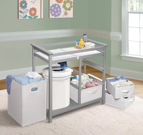 Vista 4 de Badger Basket - Mesa moderna para cambiar a los bebés, con canasta para la ropa sucia Gris/Blanco