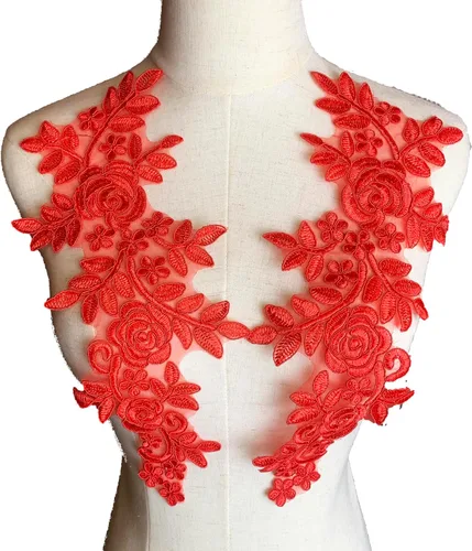 Vista 6 de Worlds 1 par de parches de tela de encaje burdeos bordado apliques de encaje motivo floral vestido de novia costura adornos decoración 13.8 x 5.7 in