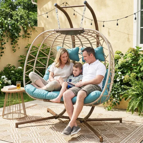 Vista 12 de BULEXYARD Silla columpio doble con soporte, asiento de gran tamaño para 2