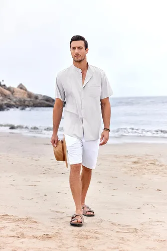 Vista 2 de Ryannology Guayabera - Camisas de lino de manga corta con botones para hombre, estilo casual, playa, campamento cubano, camisa mexicana para hombre