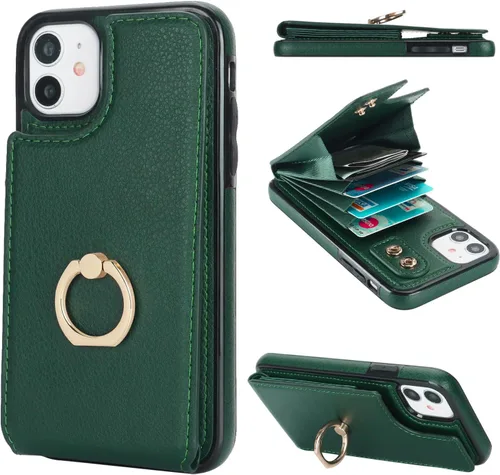 Vista 13 de Folosu Funda compatible con iPhone 11, cartera con tarjetero y rotación de 360°, soporte de anillo de dedo con función atril, bloqueo RFID, piel