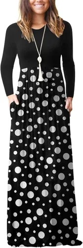 Vista 21 de GRECERELLE Vestido largo de manga larga para mujer, casual, cuello redondo, holgado, sólido floral, maxi largo con bolsillos, S-3XL A-Negro