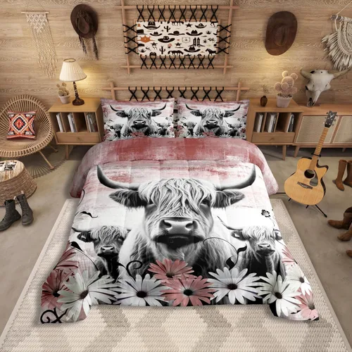 Vista 26 de Erosebridal Juego de edredón con estampado de vaca de las Highland, juego de ropa de cama de granja occidental verde azulado, decoración rústica