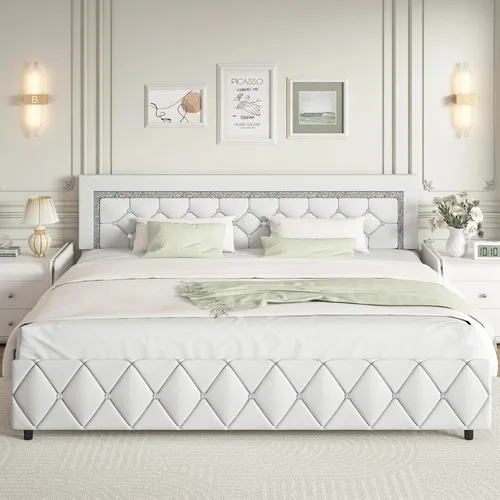Vista 22 de BarnFurin Base de cama individual con cabecero, cama tapizada con diseño capitonado de diamante, marco de cama para niños con soporte de listones
