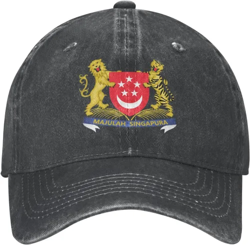 Vista 2 de Gorra de béisbol unisex con escudo de armas de Singapur, ajustable, sombrero de mezclilla, Negro
