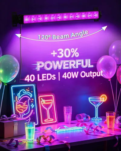 Vista 7 de Barra de Luz Negra de 40W, Luz Negra LED con Cable de 6 Pies e Interruptor, Luces Negras para Fiesta Fluorescente, Halloween, Cumpleaños, Pintura