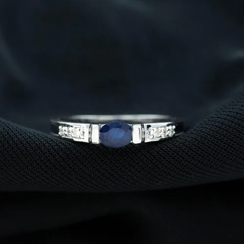 Vista 2 de 12 CT Blue Sapphire and Diamond Band Ring, 4X5 MM Oval Cut Blue Sapphire Solitaire Band Ring, Bar Set Blue Sapphire Gold Band,14K Solid Gold