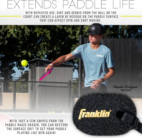 Vista 2 de Franklin Sports Limpiador de borrador de pickleball – Borrador de paleta de fibra de carbono Paddle Magic – Limpia las raquetas faciales de fibra