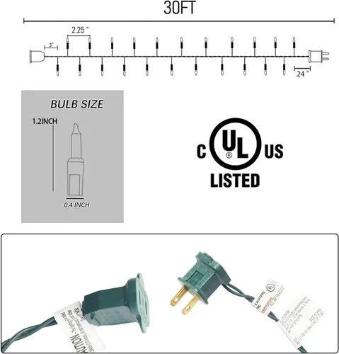 Vista 3 de FUNPENY Luces de Navidad, 30 pies 150 luces incandescentes, minicadena de luces transparentes, blanco cálido con cable verde para árbol de Navidad