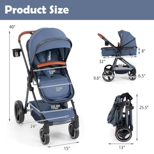 Vista 8 de INFANS Cochecito de bebé 2 en 1, cuna convertible para recién nacido, plegable, alta absorción de impactos con asiento reversible, estructura