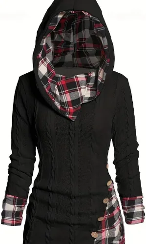 Vista 2 de LELEBEAR Sudadera con capucha de manga larga para mujer, con botones de empalme a cuadros, estilo bohemio, ropa de otoño e invierno