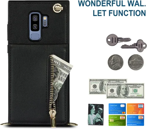 Vista 5 de Funda para teléfono Samsung Galaxy S9 con correa cruzada, tarjetero de cuero, con cordón, ranuras de crédito, cierre magnético, accesorios para Negro