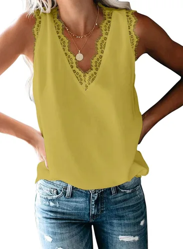 Vista 156 de VIISHOW - Camiseta sin mangas, sexy, con cuello en V y bordes de encaje para mujer, camisola de vestir, camisas de gasa, sin mangas, casuales