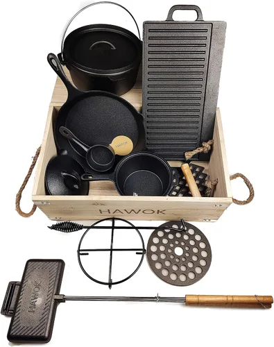 Vista 2 de HAWOK Pre-sazonado hierro fundido horno holandés camping cocina set con caja de almacenamiento de transporte