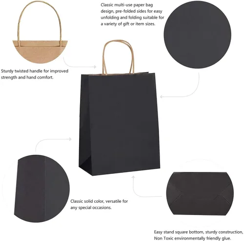 Vista 3 de Nexmint Bolsas de regalo de papel kraft negro con asa: paquete de 24 unidades de 8.0 in x 10.4 in x 4.1 in x 1.7 in. Grandes bolsas para regalos