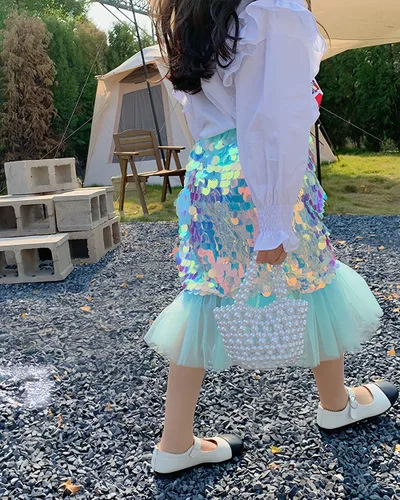 Vista 3 de Falda de sirena para niñas pequeñas, cola de lentejuelas brillantes